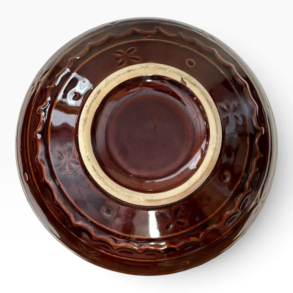 Vintage Marcrest Brown Glazed Ceramic Mixing Bowl Embossed Floral Pattern 8